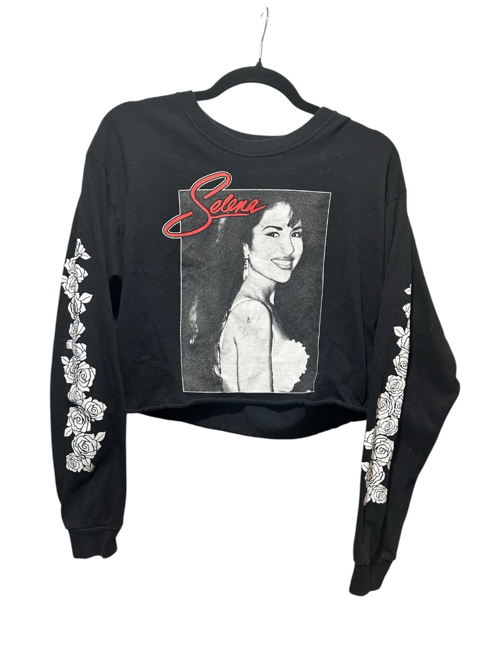 Black Cropped Long-Sleeve Selena Graphic Band Top Size L
